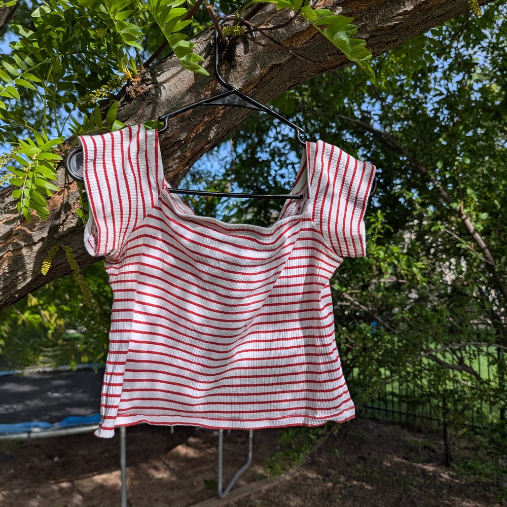 Divided Red and White Sleeveless Fitted Crop Blouse